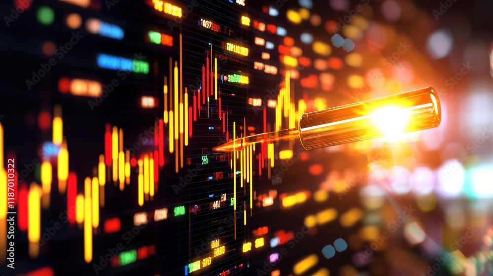 Aufkleber Dynamic financial chart with glowing candlestick patterns and pen. This captures essence of market analysis and investment strategies, showcasing vibrant colors and data visualization