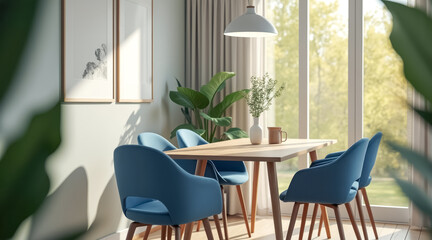 sunlit dining room with blue chairs light wood table