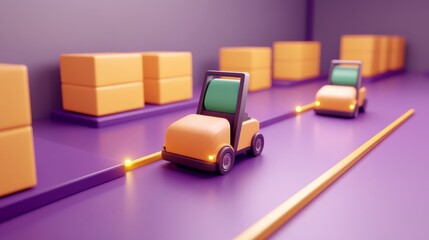 A vibrant warehouse scene featuring miniature forklifts navigating between colorful boxes on a sleek purple floor.