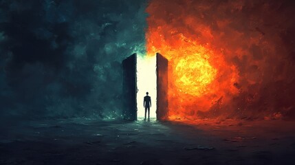 Man Standing Between Two Worlds of Light and Darkness in Contrast