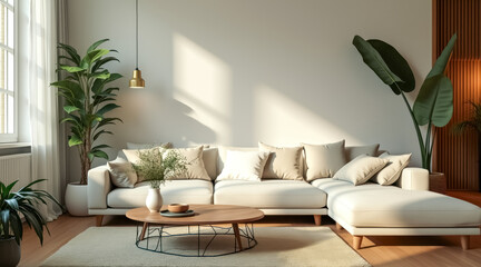 Naklejka premium beige sectional sofa a sunlit minimalist living room