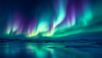 Fototapeta premium A breathtaking wallpaper of the Northern Lights over a snow-covered landscape.