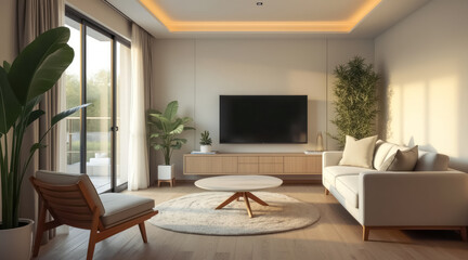 Fototapeta premium sunlit living room with beige sofa potted plants