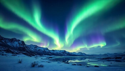 Naklejka premium A breathtaking wallpaper of the Northern Lights over a snow-covered landscape.