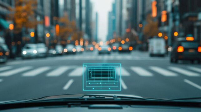 A futuristic view from a car dashboard, displaying digital navigation on a busy city street with blurred traffic in the background.