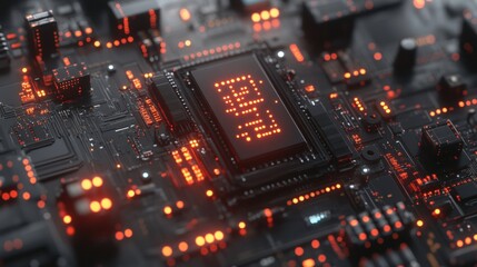 Obraz premium Close-Up of Electronic Circuit Board with Glowing Components and Chips