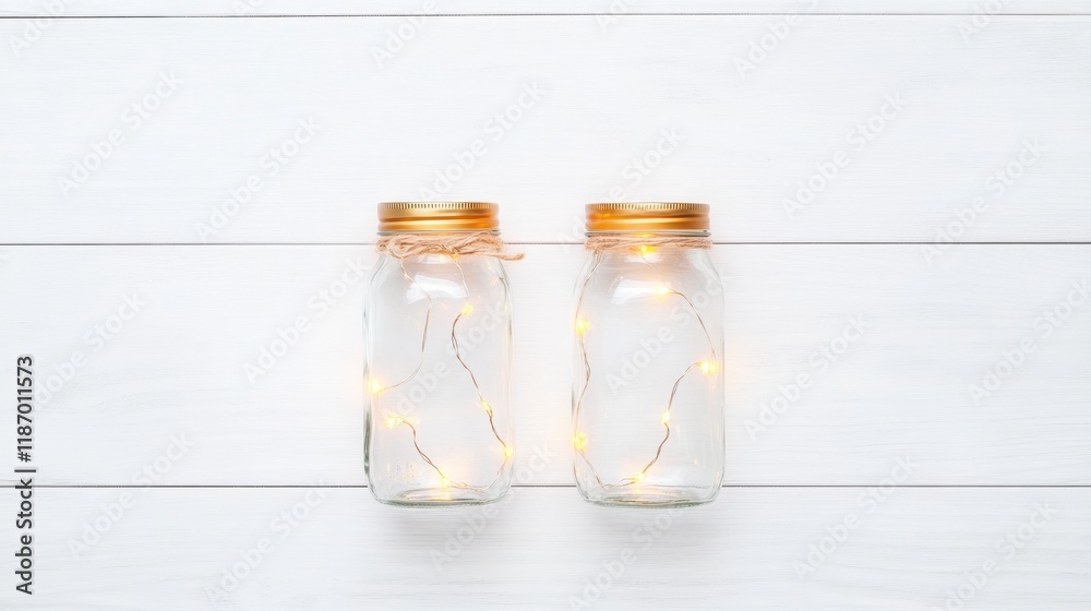 Poster minimalist mason jar lanterns with soft fairy lights on white background