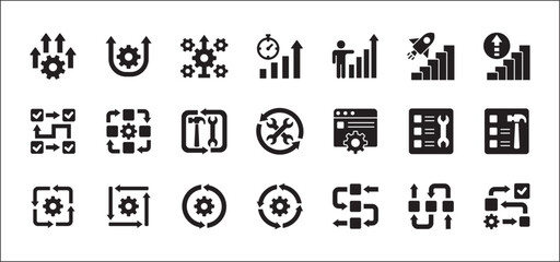 Business improvement growth icon set. Contains symbol and icons of development, progress, management, process, maintenance, increase, profit, gain, optimization, steps. Vector flat thin line design.