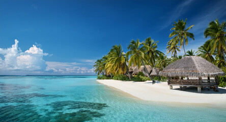 Fototapeta premium Tropical Island Paradise with Crystal-Clear Waters, Swaying Palms, and Thatched Beach Huts