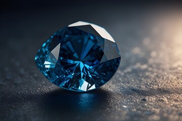 A stunning deep blue gemstone with sharp facets, placed on a smooth reflective surface, highlighting its luminous brilliance.