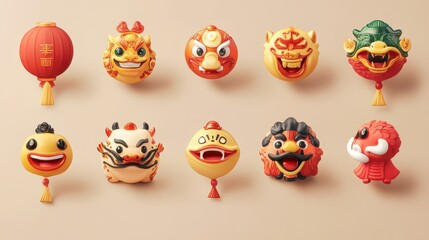 Festive Chinese New Year Lion Dance Figurines and Lantern