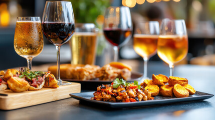 vibrant tapas bar scene featuring glasses of wine, beer, and delicious small plates. atmosphere is lively, perfect for enjoying flavorful dishes and drinks