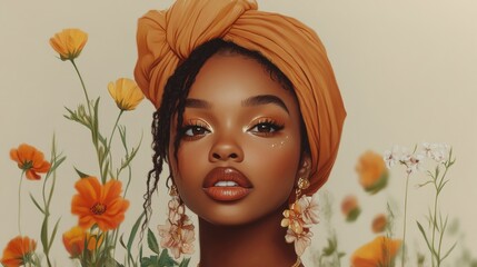 Beautiful Woman with Orange Headwrap Surrounded by Flowers