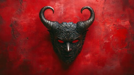Intricate devil mask with horns on dramatic red background