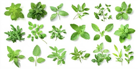 Fresh Green Herbs Mint Leaves Collection Isolated White Background