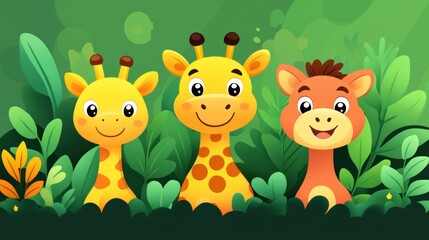 Naklejka premium Cute Cartoon Giraffes and Character Among Green Foliage Background