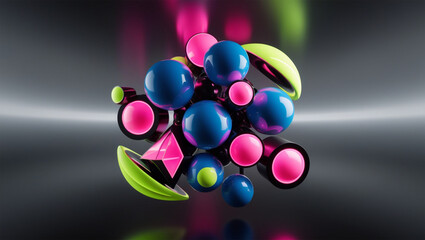 A futuristic, high-contrast composition featuring a cluster of 3D abstract shapes in various geometric forms, including spheres, cuboids, and ellipses, suspended in a seemingly infinite