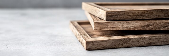Rustic Wooden Trays Stacked on Grey Surface Minimalist Design Home Decor
