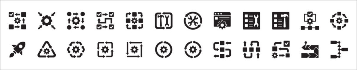 Business improvement growth icon set. Contains symbol and icons of development, progress, management, process, maintenance, increase, profit, gain, optimization, steps. Vector flat thin line design.