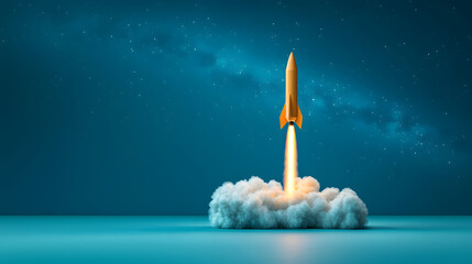 sleek rocket launching into star filled night sky, surrounded by clouds, symbolizes innovation and exploration. vibrant colors evoke sense of wonder and excitement