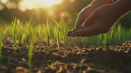 Hands planting seeds at sunset, young sprouts growing, field background, sustainable farming.