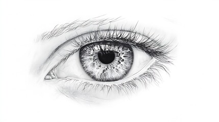 Artistic anatomical rendering of the eye with detailed focus on cornea and lens on white