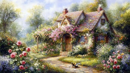 Charming cottage nestled in a vibrant rose garden, sunny day.