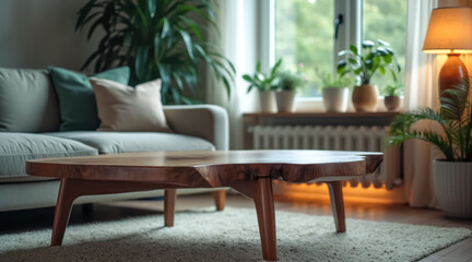 irregular-edged wooden coffee table a calm living room