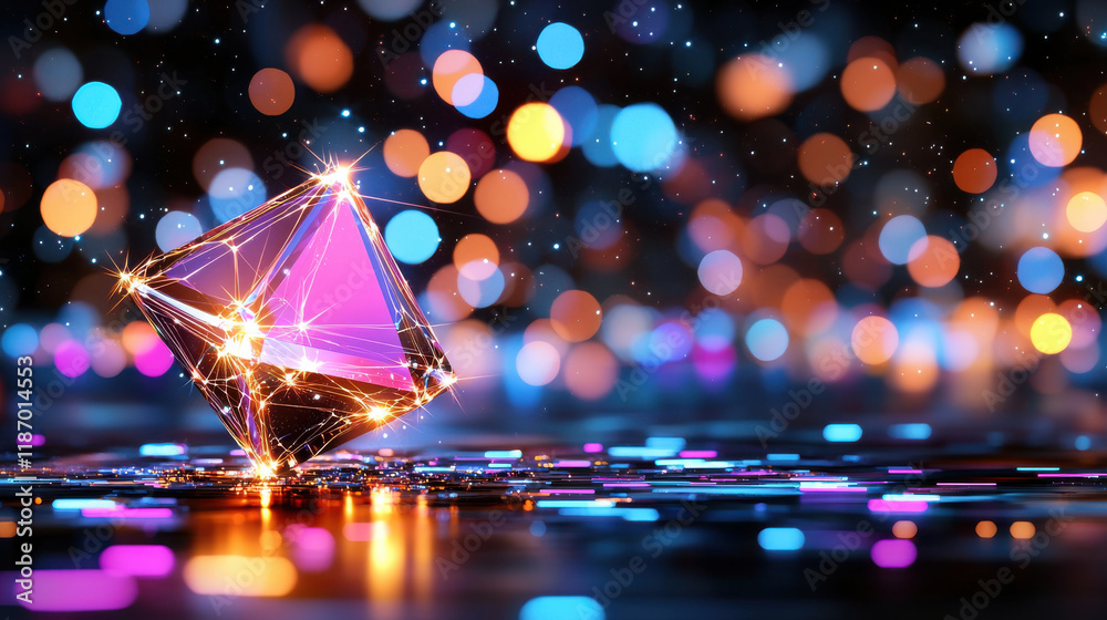 Poster vibrant abstract design featuring glowing geometric shape surrounded by colorful bokeh lights, creating celestial atmosphere