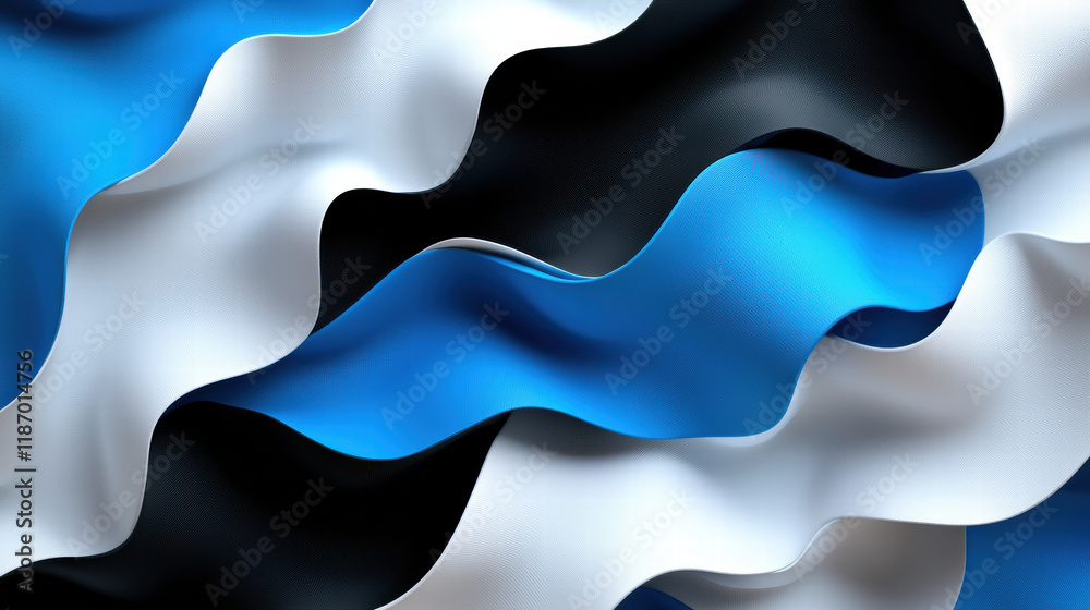 Poster Wavy abstract forms in blue, black, and white create dynamic visual effect. flowing shapes evoke sense of movement and depth, enhancing overall aesthetic appeal