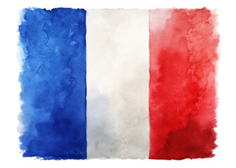 French flag watercolor design, vibrant blue, white, and red colors, artistic background, patriotic symbol.