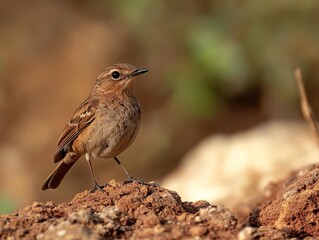 Fototapeta premium Brown bird perched on dirt mound, natural background, wildlife photography, nature.