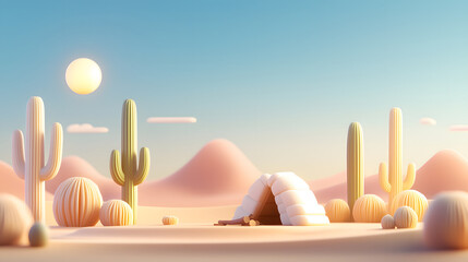 serene desert landscape featuring survivalist setting with person resting near shelter. scene includes cacti, soft hills, and warm sun, evoking tranquility and adventure