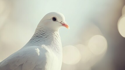 Naklejka premium White dove portrait, peaceful park background, serenity, nature photography.