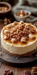 Cheesecake Delight with Caramelized Toppings and Nuts on Antique Plate, Cheesecake Aesthetic in Warm Tones