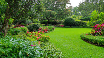 A lush green garden adorned with dew-covered grass and vibrant blooming flowers, creating a serene and refreshing landscape that invites tranquility and appreciation of nature’s beauty.
