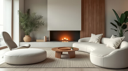 modern living room with curved sofa fireplace