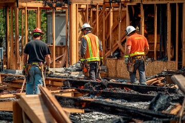 Fototapeta premium Rebuilding after disaster as workers inspect charred remains of a construction site