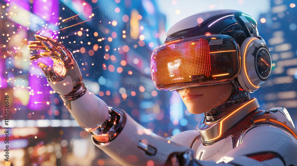 Poster futuristic robot wearing virtual reality headset interacts with digital elements, showcasing advance