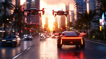 Naklejka premium Cinematic depiction of AI powered drones flying over futuristic cityscape at sunset, with sleek car driving on busy road. scene captures blend of technology and urban life