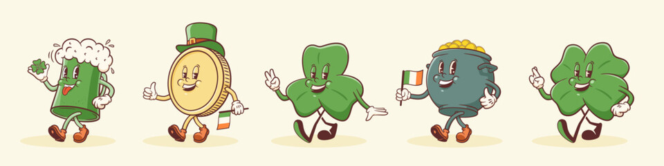 Groovy Saint Patrick Day Retro Characters Illustrations Set. Cartoon Green Ale Beer Tankard Glass, Shamrock, Cauldron Pot and gold Coins Walking Smiling Vector Irish Spring Holiday Mascot Templates