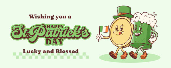 Saint Patrick Day Groovy Beer Tankard and Coin Retro Characters Banner. Cartoon green Ale Mugs Walking and Smiling. Vector Irish Spring Holiday Mascot Template. Happy Vintage Illustration. Isolated