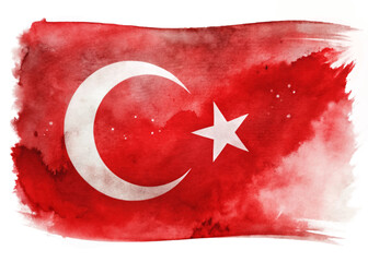 Turkish flag design, watercolor style, vibrant red background, crescent moon and star, artistic representation.