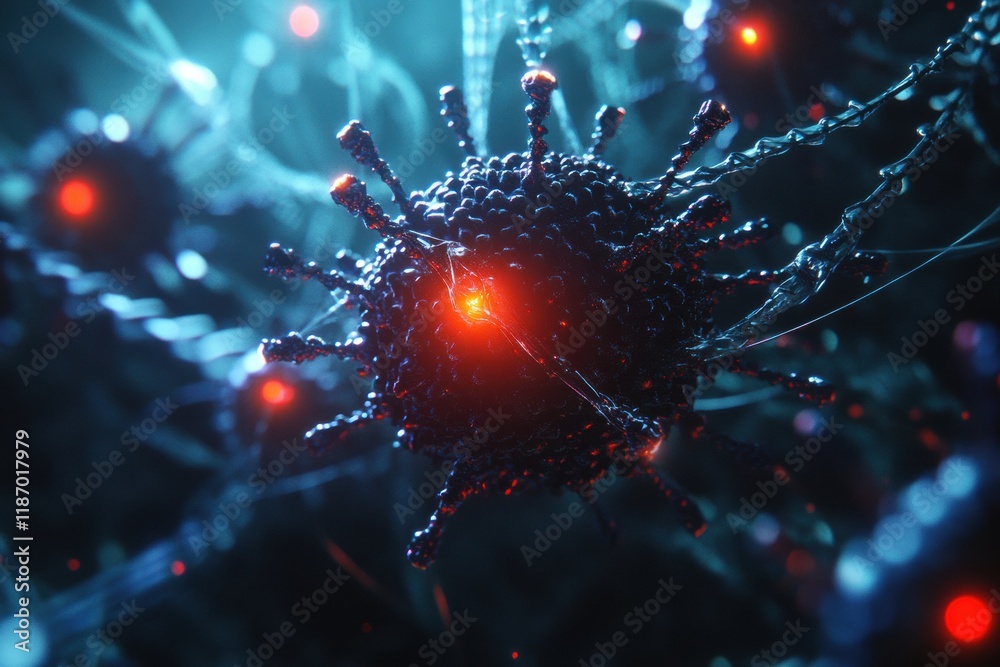 Fototapete detailed 3d visualization revealing complex structure of a virus with spikes and glowing rna strands