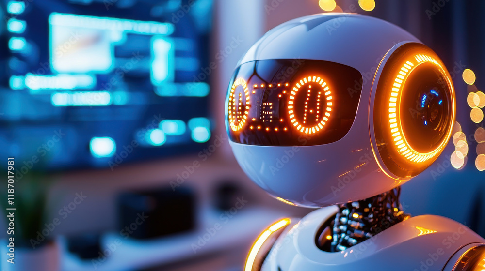 Poster smart home robot with glowing features in modern living room, showcasing advanced technology and fut