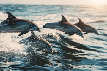 Fototapeta premium Dolphins leaping gracefully over ocean waves during sunset.