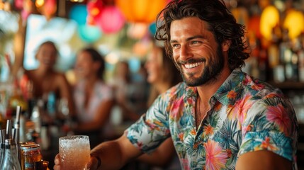 A man with long hair wearing a vibrant floral shirt smiles widely while holding a cocktail. The atmosphere is lively, filled with colorful decorations and happy friends enjoying the ambiance.