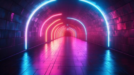 long, dark hallway is illuminated by a series of colorful neon arches