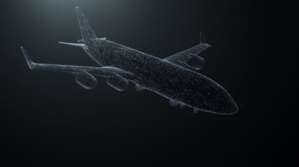 Digital wireframe model of an airplane in 3D space with interconnected lines and nodes, glowing brightly.