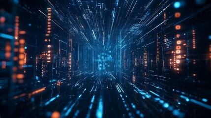 Obraz premium Futuristic digital tunnel with blue and orange lights, resembling data stream in a virtual environment